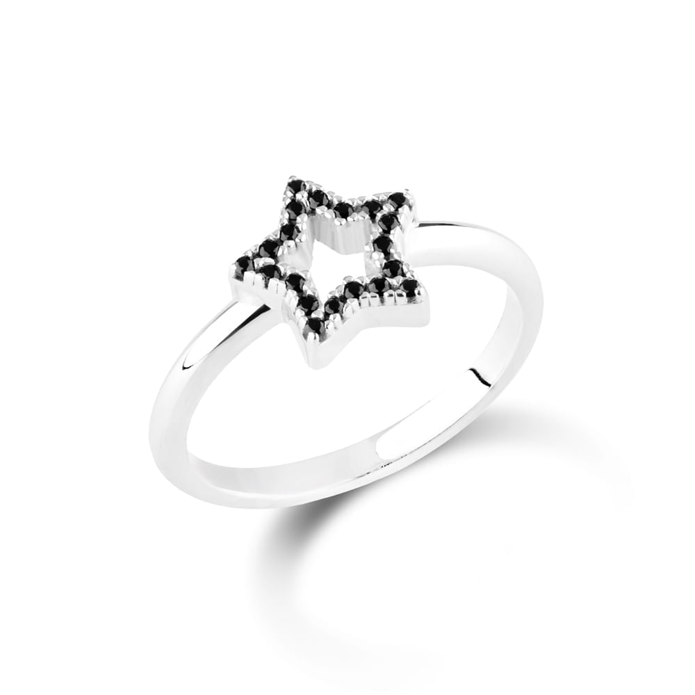 Anel Life Astros Prata 925 com Pedras Pretas - Design Celestial Elegante