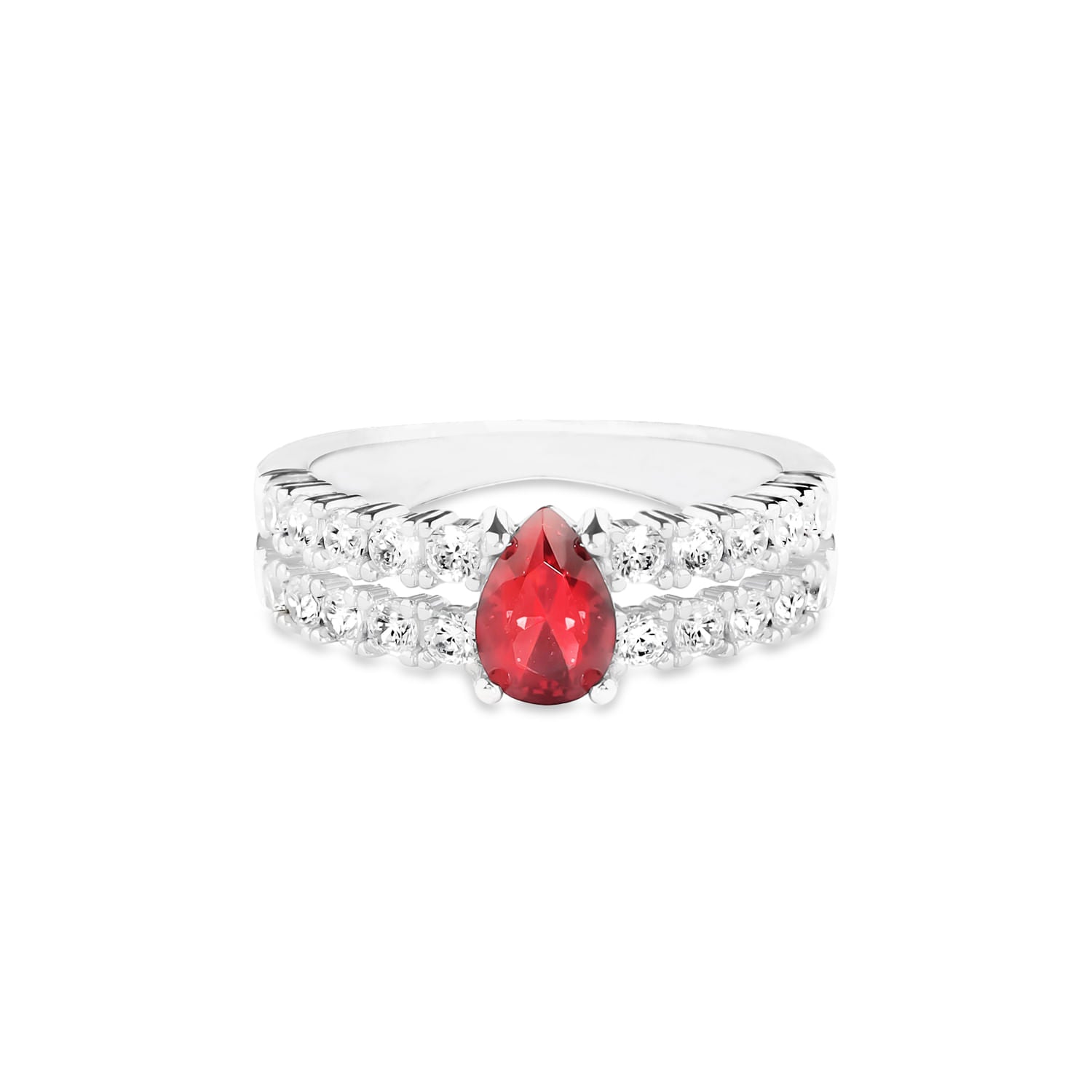 Anel Duplo Life Special II Prata 925, Cristal Vermelho e Pedras Brilhantes
