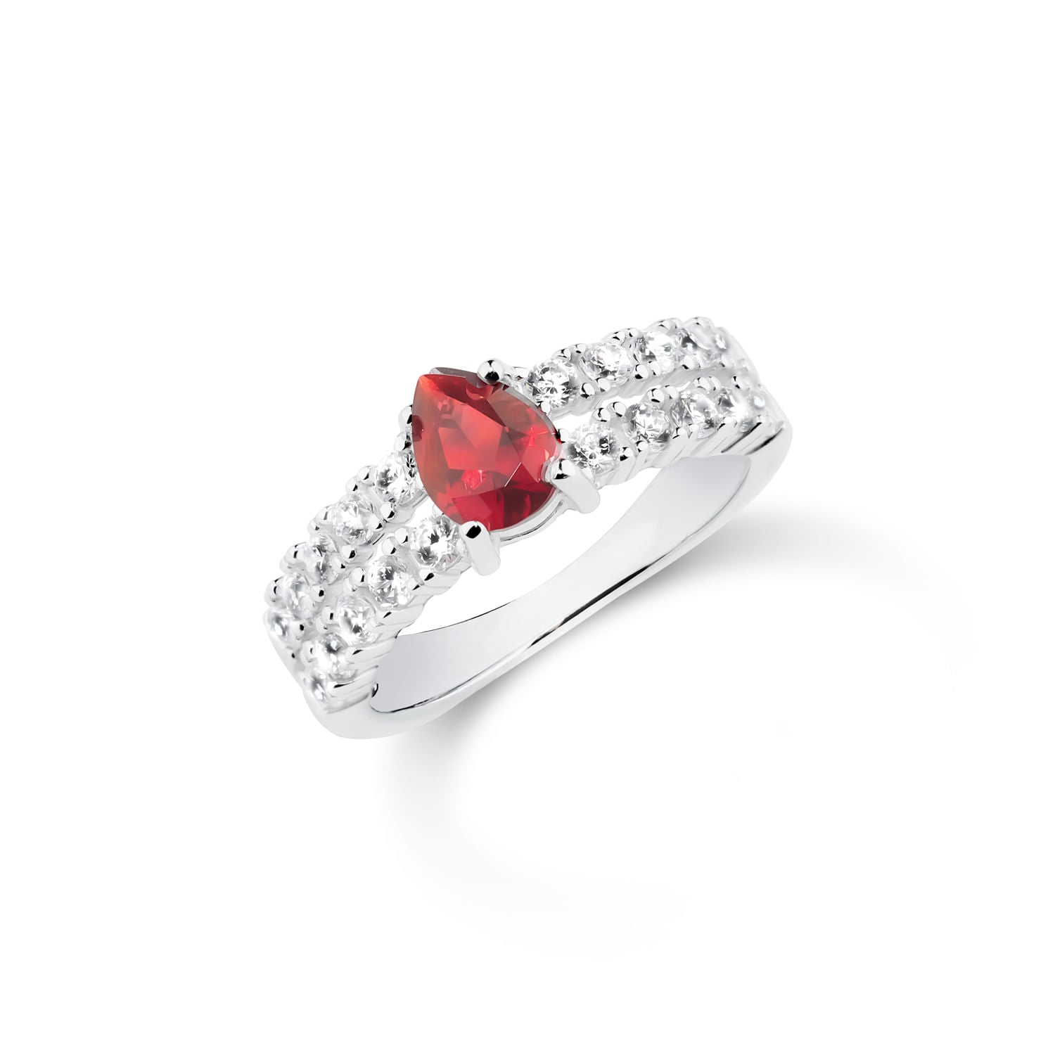 Anel Duplo Life Special II Prata 925, Cristal Vermelho e Pedras Brilhantes